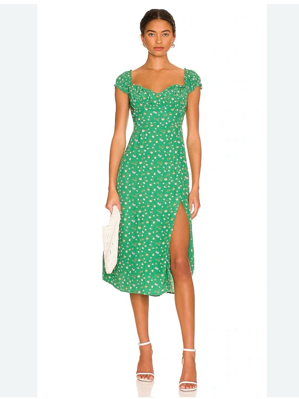 Astr Green Floral Puff-Sleeve Midi Dress